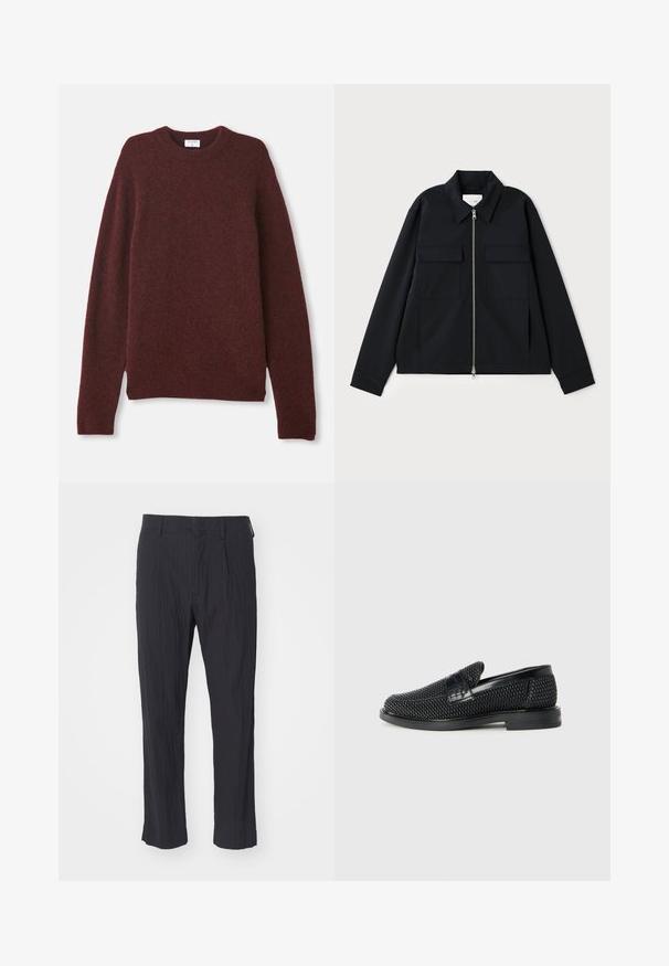 Schwarze Jacke mit einem kragenförmigen Ausschnitt, einem Front-Reißverschluss und zwei Brusttaschen. Hergestellt aus einem glatten Stoff mit einer strukturierten Passform.; Burgunderfarbener Pullover aus weichem Material mit einem klassischen Rundhalsausschnitt, langen Ärmeln und einem lockeren Schnitt. Keine Muster oder sichtbare Beschläge.; Schwarze plissee Hosen aus strukturiertem Stoff, mit geradem Bein und normalem Bund. Keine sichtbaren Taschen oder Beschläge.; Schwarzer geflochtener Slipper mit einem glatten Lederakzent im Obermaterial, einem runden Zehendesign und einer flachen Gummisohle.