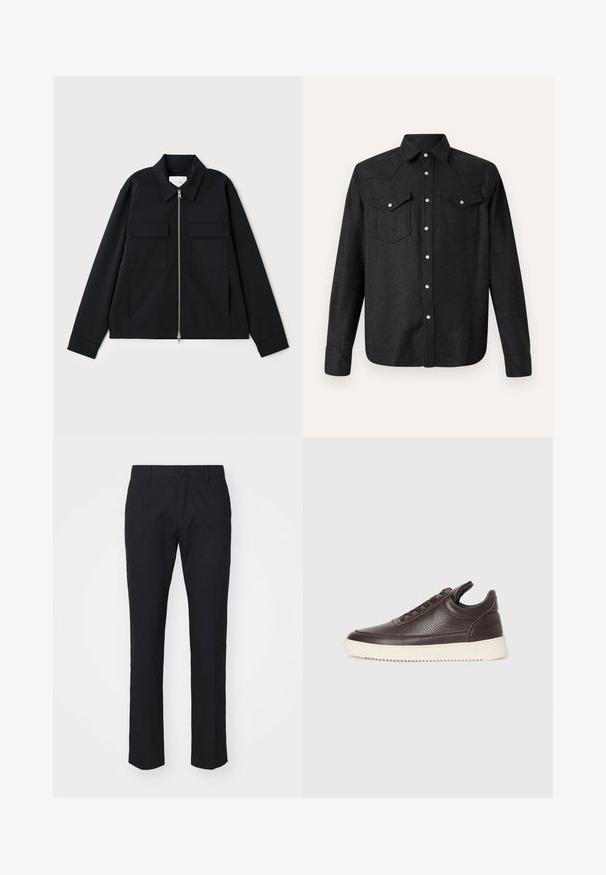 Svart jakke med krage, glidelås foran og to brystlommer. Laget av et glatt stoff med en strukturert passform.; Svart langermet skjorte laget av teksturert stoff har spiss krage, to brystlommer og metallknapper langs fronten.; Marinebukser i skræddersyet snit, lavet af glat stof. Har flad front, bæltestropper og lige ben med en ren kant.; Mørkebrun strukturert lær sneakers med snøring foran og hvit, rillet gummisåle på en enkel lys bakgrunn.