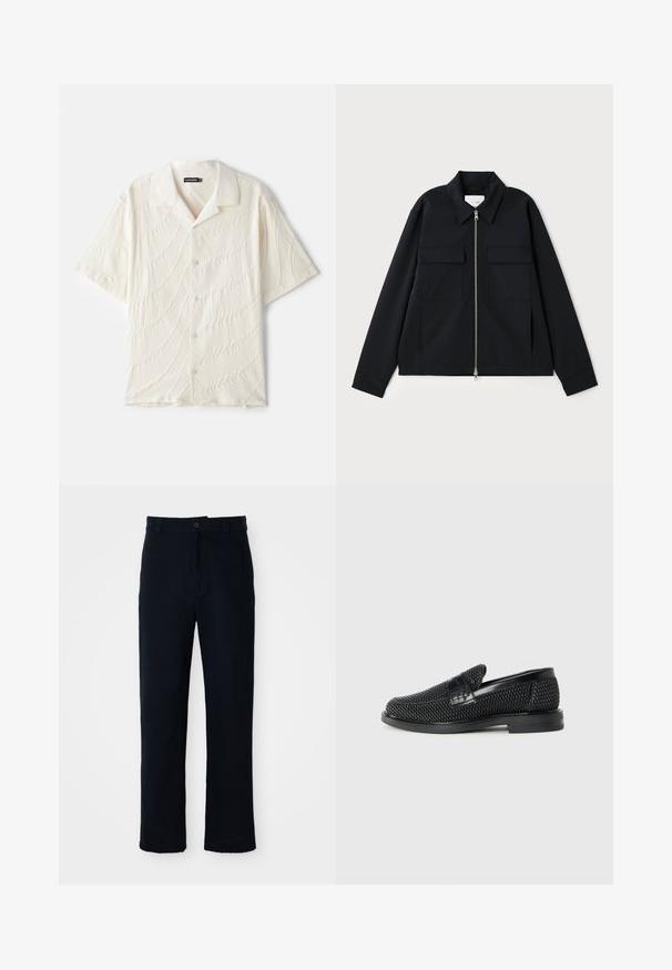 Giacca nera con colletto, chiusura frontale con zip e due tasche sul petto. Realizzata in un tessuto liscio con una vestibilità strutturata.; Camicia a maniche corte con bottoni di color avorio, caratterizzata da un tessuto testurizzato con motivi ondulati e un colletto classico.; Pantaloni color blu navy in cotone, con design a gamba dritta, chiusura con bottone frontale e vita classica con passanti per cintura.; Scarpa nera a mocassino intrecciata con un accentuato in pelle liscia sulla parte superiore, design a punta rotonda e suola in gomma a profilo basso.