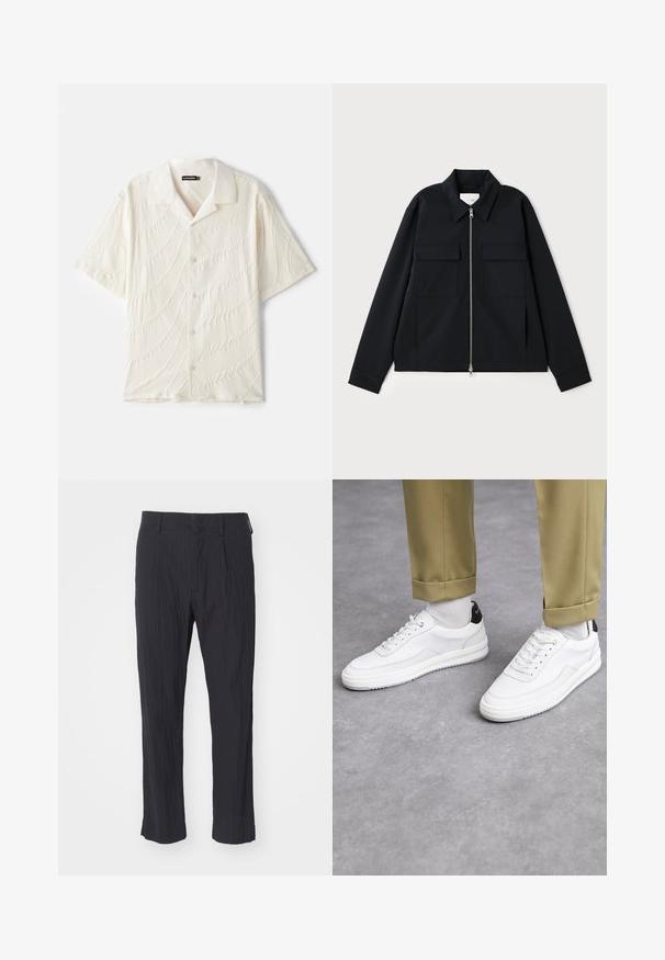Zwarte jas met een kraag, een rits aan de voorkant en twee borstzakken. Gemaakt van een gladde stof met een gestructureerde pasvorm.; Korte mouwen button-up blouse in gebroken wit, met een geweven stof met golvende patronen en een klassieke kraag.; Zwarte geplooide broek van textuurstof, met een recht model en een standaard tailleband. Geen zichtbare zakken of hardware.; Witte sneakers met een textuur van leerafwerkingen, een ronde neus en een zwarte hielaccent. Rubberen zool met een klein profiel en gestikte details.