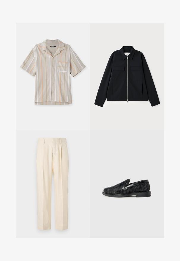Black jacket featuring a collared neckline, front zipper closure, and two chest pockets. Made from a smooth fabric with a structured fit.; Short-sleeve shirt in beige with vertical stripes in orange, green, and white. Features a collar and a chest pocket. Textured fabric.; NN.07 KAY - Trousers - off white; Black woven slip-on shoe with a smooth leather accent on the upper, a round toe design, and a low-profile rubber sole.