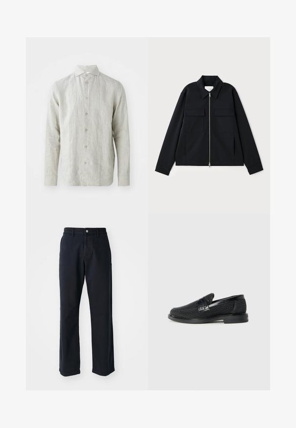 Fekete dzseki, galléros nyakkivágással, elülső cipzárral és két mellzsebbel. Simább anyagból készült, strukturált fazonnal.; Világosszürke vászon ing, gombos elülső résszel, klasszikus gallérral és hosszú ujjakkal. Finom textúrával és öt barna gombbal rendelkezik.; Sötétkék pamut nadrág egyenes lábakkal, elöl gombos záródással és két oldalsó zsebbel. Simább textúra, látható minták nélkül.; Fekete szőtt slip-on cipő sima bőr díszítéssel a felsőrészen, kerek orral és alacsony profilos gumitalppal.