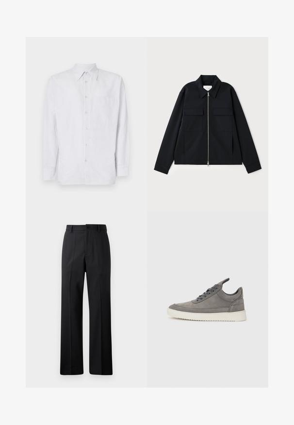 Svart jakke med krage, glidelås foran og to brystlommer. Laget av et glatt stoff med en strukturert passform.; Stripet skjorte med knapper laget av lett stoff, med brystlomme, lange ermer og krage i lyseblå og hvite toner.; Svarte rette bukser med beltestropper, frontknapp og glidelås, vist mot en enkel hvit bakgrunn.; Grå semsket joggesko med teksturert overflate, som har en hvit gummisåle, runde snorer og et lavt design.