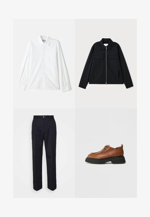 Juodas švarkas su apykakle, priekyje užtrauktuku ir dviem krūtinės kišenėmis. Pagamintas iš lygaus audinio su struktūruota forma.; Balta ilgomis rankovėmis mygtukinė marškiniai, turintys klasiką apykaklę ir mygtukų uždarymą, pagaminti iš tekstūruotos medvilnės su siuvinėjimo detalėmis ant rankovių.; Juodos pritaikytos kelnes su tiesiomis kojomis, pagamintos iš lygaus audinio, turinčios priekinį mygtuko užsegimą ir dvi šonines kišenes.; Rudos odinės bateliai su apvaliu pirštu, raištelių dizainu ir storu juodu sluoksniuotu padu. Išskirtinai akcentuojama struktūrizuota siluetas ir tekstūra.