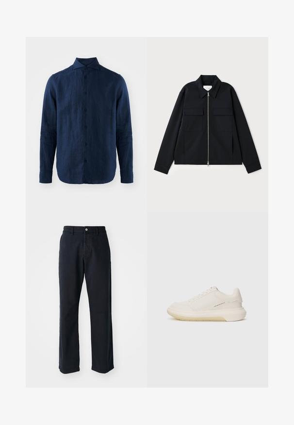 Melna jaka ar apkakles izgriezumu, priekšpuses rāvējslēdzēja aizdari un divām krūšu kabatām. Izgatavota no gludas auduma ar strukturētu piegriezumu.; Tumši zila lina krekls ar garām piedurknēm, asu apkakli, priekšējo pogu aizdari un struktūrizētu audumu. Apaļa apakšmala un pogu aproces.; Jūras zilas kokvilnas bikses ar taisnu kāju dizainu, ar priekšējo pogu aizdari un divām sānu kabatām. Gluda tekstūra, bez redzamām rakstām.; Baltas sporta apavi ar gludu ādas augšdaļu, noapaļotu purngali un biezu gumijas zolēm. Iezīmē minimālu dūri un diskrētu logo detaļu sānos.