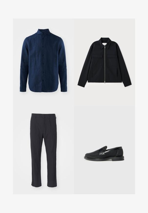 Svart jakke med krage, glidelås foran og to brystlommer. Laget av et glatt stoff med en strukturert passform.; Marineblå lin longsleeve skjorte med spiss krage, frontlukking med knapper og teksturert stoff. Rundet nederkant og knappede mansjetter.; Sorte plisserte bukser med teksturert stoff, med rett ben-design og standard midje. Ingen synlige lommer eller metallfester.; Sorte vevde slip-on sko med en glatt lærdetalj på overdelen, design med rund tå og en lavprofil gummisåle.