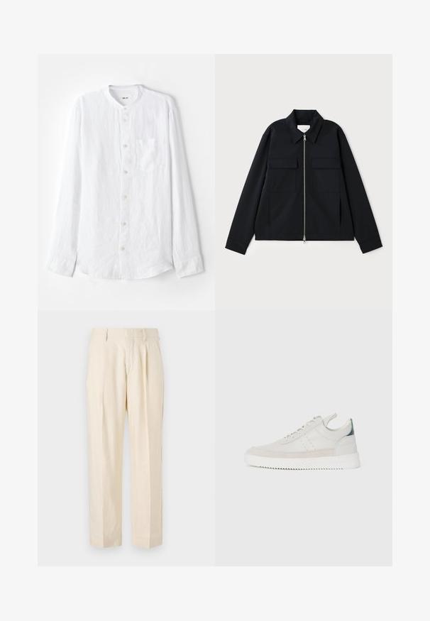 Veste noire avec col, fermeture éclair à l'avant et deux poches poitrine. Fabriquée en tissu lisse avec une coupe structurée.; Chemise blanche à manches longues en tissu texturé, dotée d'un col bandé, d'une fermeture à boutons, d'une poche poitrine unique et de boutons argentés.; NN.07 KAY - Pantalon classique - off white; Baskets en cuir blanc avec des accents en daim gris, à lacets, avec languette de traction et semelle en caoutchouc texturé avec un motif en zigzag.