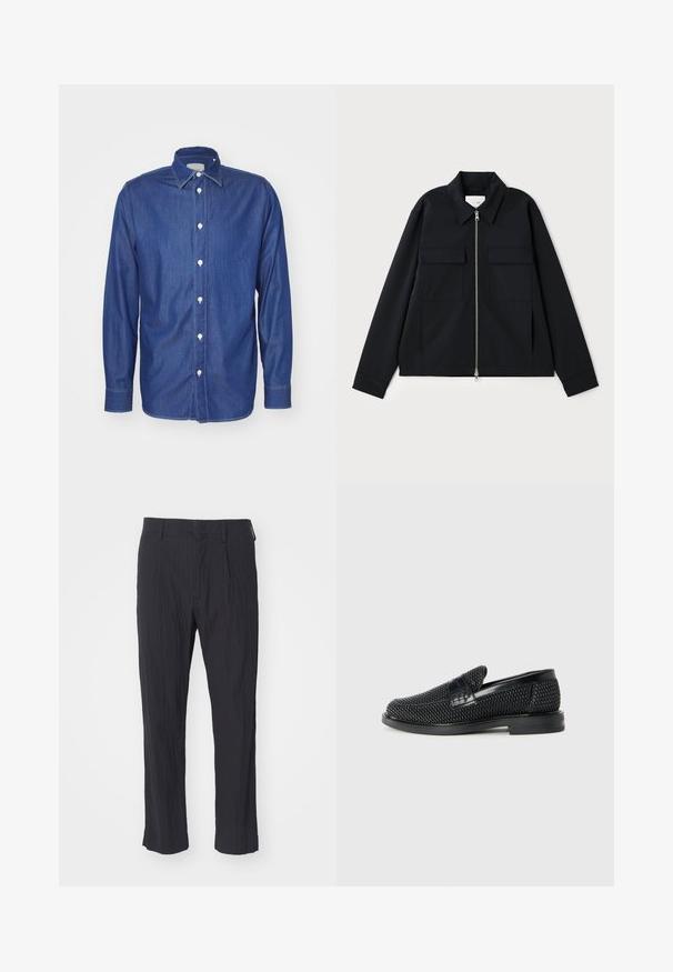 Juodas švarkas su apykakle, priekyje užtrauktuku ir dviem krūtinės kišenėmis. Pagamintas iš lygaus audinio su struktūruota forma.; Tamsiai mėlynas džinsinis marškiniai, ilgomis rankovėmis, su baltais mygtukais priekyje, klasikiniu apykakle ir matomais siuvimo akcentais siūlėse.; Juodos pregamos kelnės su tekstūruotu audiniu, turinčios tiesią kojos dizainą ir standartinį liemenį. Nėra matomų kišenių ar metalinių detalių.; Juodas pintas slip-on tipo batelis su lygiu odiniu akcentu viršuje, apvalios nosies dizainas ir žemas guminis padas.