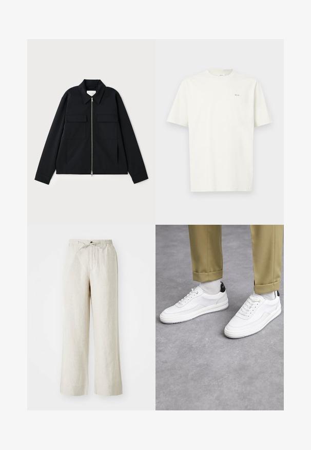 Zwarte jas met een kraag, een rits aan de voorkant en twee borstzakken. Gemaakt van een gladde stof met een gestructureerde pasvorm.; Effen wit T-shirt met korte mouwen en kleine zwarte tekst "NN. 07" op de linkerkant van de borst, tegen een lichte achtergrond.; Linnen broek in een lichtbeige kleur, met een losse fit, elastische tailleband met touwtjes en zijzakken voor extra gemak.; Witte sneakers met een textuur van leerafwerkingen, een ronde neus en een zwarte hielaccent. Rubberen zool met een klein profiel en gestikte details.