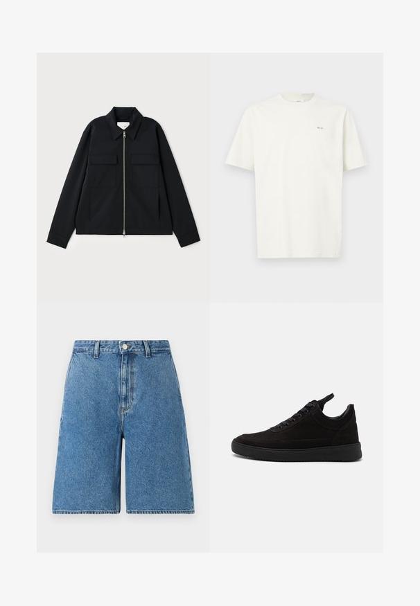 Giacca nera con colletto, chiusura frontale con zip e due tasche sul petto. Realizzata in un tessuto liscio con una vestibilità strutturata.; Maglietta a maniche corte bianca con colletto girocollo, con piccolo testo nero "NN. 07" sul lato sinistro del petto, su uno sfondo chiaro.; Pantaloni shorts in denim blu con vita alta, caratterizzati da chiusura frontale a bottoni, tasche laterali e un design a gamba dritta.; Sneaker in suede nero con punta arrotondata, chiusura con lacci, collo imbottito e suola in gomma testurizzata per una migliore aderenza. Design minimalista e finitura liscia.