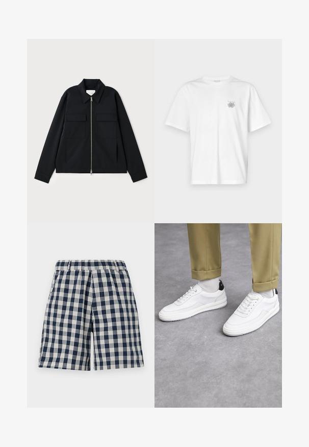 Giacca nera con colletto, chiusura frontale con zip e due tasche sul petto. Realizzata in un tessuto liscio con una vestibilità strutturata.; T-shirt bianca in cotone con maniche corte, colletto tondo e un piccolo logo grigio nella zona sinistra del petto. Texture liscia.; Pantaloni corte a quadri navy e bianchi con una cintura elastica. Presentano una vestibilità comoda e un taglio dritto. Realizzati in tessuto, adatti per l'abbigliamento casual.; Sneaker bianchi con finitura in pelle testurizzata, punta arrotondata e accentuazione nera sul tallone. Suola in gomma con piccolo motivo di battistrada e dettagli cuciti.