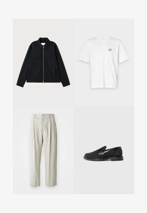 Musta takki, jossa on kauluskotelo, etuvetoketju ja kaksi rintataskua. Valmistettu sileästä kankaasta, jossa on muotonsa pitävä istuvuus.; Valkoinen puuvillapaita, jossa on lyhyet hihat, pyöreä kaula-aukko ja pieni harmaa logo vasemmassa rintataskussa. Täydellinen sileä rakenne.; Valkoiset raidalliset housut, jotka on valmistettu kevyestä kankaasta, rento istuvuus, laskokset ja vyötärönauha, jossa on vyölenkit. Pystysuorat laivastonsiniset raidat.; Musta kudottu liukupohjallinen kenka, jossa on sileä nahkakorostus päällisessä, pyöreä kärki ja matala kumipohja.