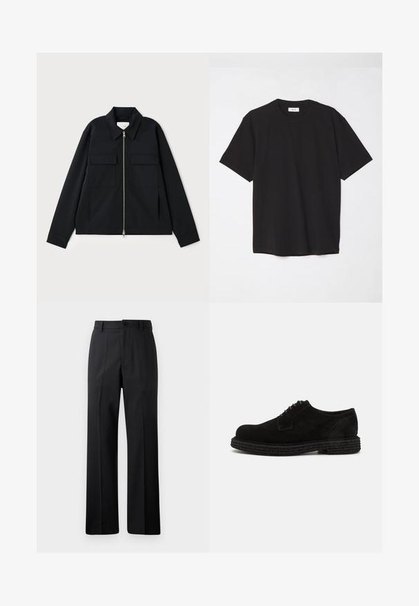 Zwarte jas met een kraag, een rits aan de voorkant en twee borstzakken. Gemaakt van een gladde stof met een gestructureerde pasvorm.; Zwarte katoenen t-shirt met een ronde hals, korte mouwen en een ontspannen pasvorm. Eenvoudig ontwerp, gladde textuur en geen zichtbare patronen of logo's.; Zwarte rechte broek met riemlussen, voorknop en rits, weergegeven op een effen witte achtergrond.; The Antipode DERBY - Veterschoenen - black