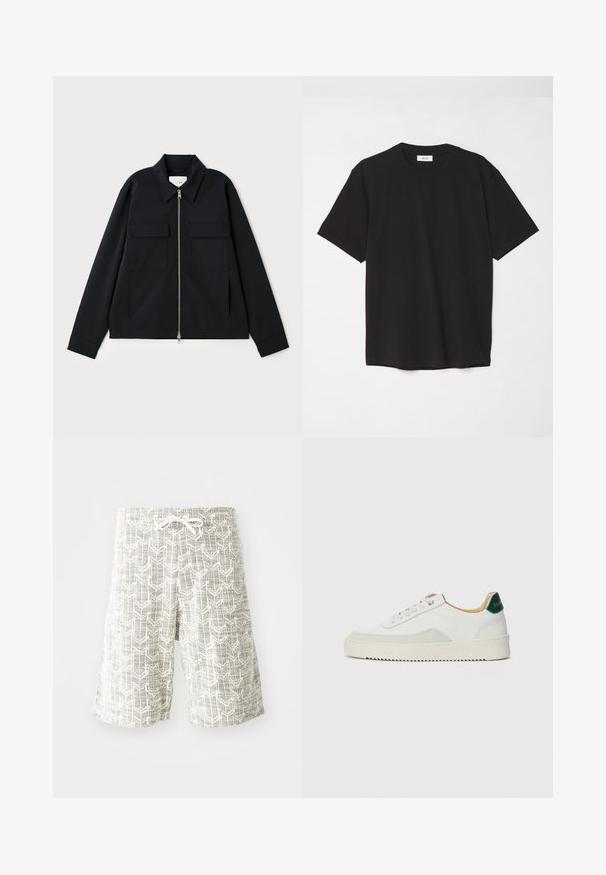 Giacca nera con colletto, chiusura frontale con zip e due tasche sul petto. Realizzata in un tessuto liscio con una vestibilità strutturata.; T-shirt in cotone nero con colletto a girocollo, maniche corte e vestibilità comoda. Design semplice, texture liscia e senza motivi o loghi visibili.; Pantaloni corti leggeri realizzati in tessuto intrecciato, con un motivo geometrico grigio e bianco, cintura elastica con cordoncino e vestibilità ampia.; Sneaker bianco con accenti in camoscio, punta rotonda, lacci piatti e suola in gomma crema. Presenta un marchio verde sul tallone.