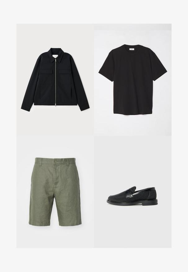 Černá bunda s límečkem, předním zipem a dvěma náprsními kapsami. Vyrobena z hladkého materiálu se strukturovaným střihem.; Černé bavlněné tričko s kulatým výstřihem, krátkými rukávy a volným střihem. Jednoduchý design, hladká textura a žádné viditelné vzory či loga.; NN.07 CROWN - Šortky - khaki; Černé pletené nazouvací boty s hladkým koženým akcentem na svršku, kulatou špičkou a nízkoprofilovou gumovou podrážkou.