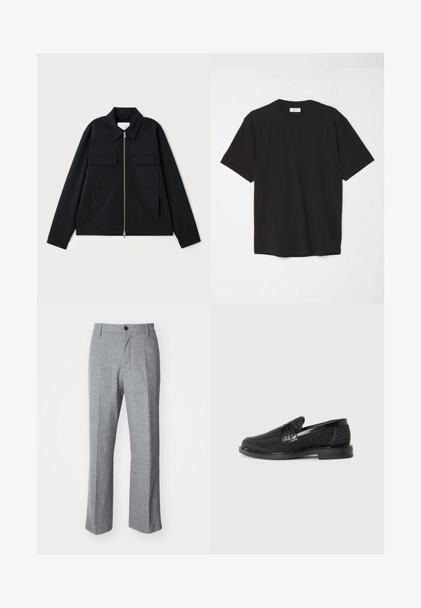 Jachetă neagră cu guler, închidere cu fermoar frontal și două buzunare pe piept. Fabricată dintr-un material neted cu o croială bine definită.; Tricou negru din bumbac, cu guler rotund, mâneci scurte și o croială lejeră. Design simplu, textură netedă și fără modele sau logo-uri vizibile.; Pantaloni gri din țesătură texturată, cu un design cu picior drept, închidere cu un singur buton și pliu frontal pentru un aspect croit.; Pantofii negri din material textil, cu accent din piele netedă pe partea superioară, design cu vârf rotund și talpă din cauciuc de profil redus.