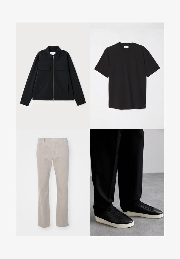 Giacca nera con colletto, chiusura frontale con zip e due tasche sul petto. Realizzata in un tessuto liscio con una vestibilità strutturata.; T-shirt in cotone nero con colletto a girocollo, maniche corte e vestibilità comoda. Design semplice, texture liscia e senza motivi o loghi visibili.; Pantaloni in velluto a coste beige con texture a coste verticali, taglio dritto e vita standard. Inclusi tasche frontali e passanti per cintura.; Bally RAISE - Sneakers basse - black/white