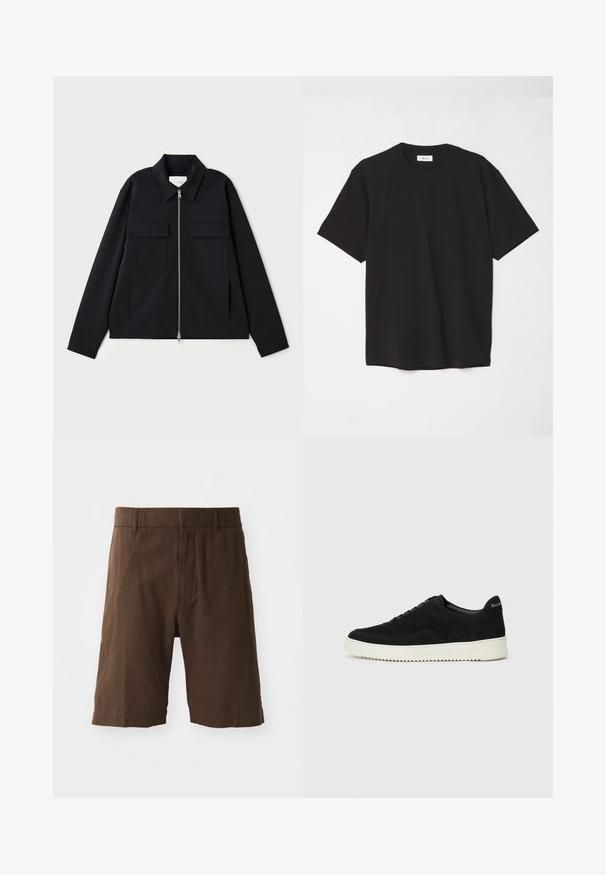 Black jacket featuring a collared neckline, front zipper closure, and two chest pockets. Made from a smooth fabric with a structured fit.; Black cotton t-shirt with a crew neck, short sleeves, and a relaxed fit. Simple design, smooth texture, and no visible patterns or logos.; Brown linen shorts featuring a relaxed fit, elastic waistband, and straight legs. Smooth texture with a simple, clean design.; Black suede sneaker with lace-up design and contrasting white rubber sole. Features textured side panels and subtle branding on the heel.