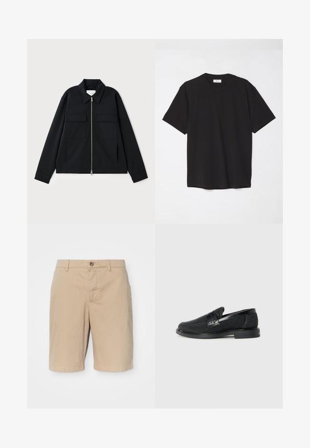 Black jacket featuring a collared neckline, front zipper closure, and two chest pockets. Made from a smooth fabric with a structured fit.; Black cotton t-shirt with a crew neck, short sleeves, and a relaxed fit. Simple design, smooth texture, and no visible patterns or logos.; Beige cotton shorts with a smooth texture, featuring a front button closure, belt loops, and a straight cut, ending just above the knees.; Black woven slip-on shoe with a smooth leather accent on the upper, a round toe design, and a low-profile rubber sole.