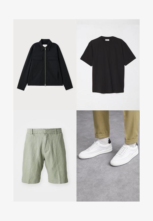 Schwarze Jacke mit einem kragenförmigen Ausschnitt, einem Front-Reißverschluss und zwei Brusttaschen. Hergestellt aus einem glatten Stoff mit einer strukturierten Passform.; Schwarzes Baumwoll-T-Shirt mit Rundhalsausschnitt, kurzen Ärmeln und lockerer Passform. Einfaches Design, glatte Textur und keine sichtbaren Muster oder Logos.; Hellgrüne Leinen-Shorts mit lockerer Passform, elastischem Bund und zwei vorderen Taschen. Glatte Textur mit lässigem Design.; Weiße Sneakers mit einer strukturierten Lederoberfläche, abgerundeter Zehenpartie und schwarzem Fersenakzent. Gummisohle mit kleinem Profilmuster und genähten Details.