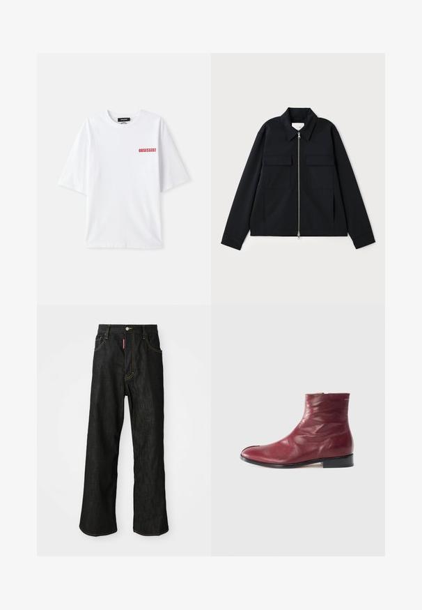 Musthave musta jope, millel on kraega kaelus, esiküljel tõmblukk ja kaks rinnataskut. Valmistatud siledast kangast, millel on hästi vormitud lõige.; Valge puuvillane T-särk lühikeste varrukatega, mille esiküljel vasakul pool on punane tekst "OBSESSED2". Klassikaline ümberringi kaelus.; Mustad sirgedega teksased, kollase õmblusega, viie taskuga, nööpidega kinnitatavad ja väikese punase sildiga ees paremas taskus.; Burgundia nahast pahkluu saapad, millel on sile pind, külgmine tõmblukk, ümar varvas ja madal must konts, millel on peened kortsud ja minimaalne õmblus.