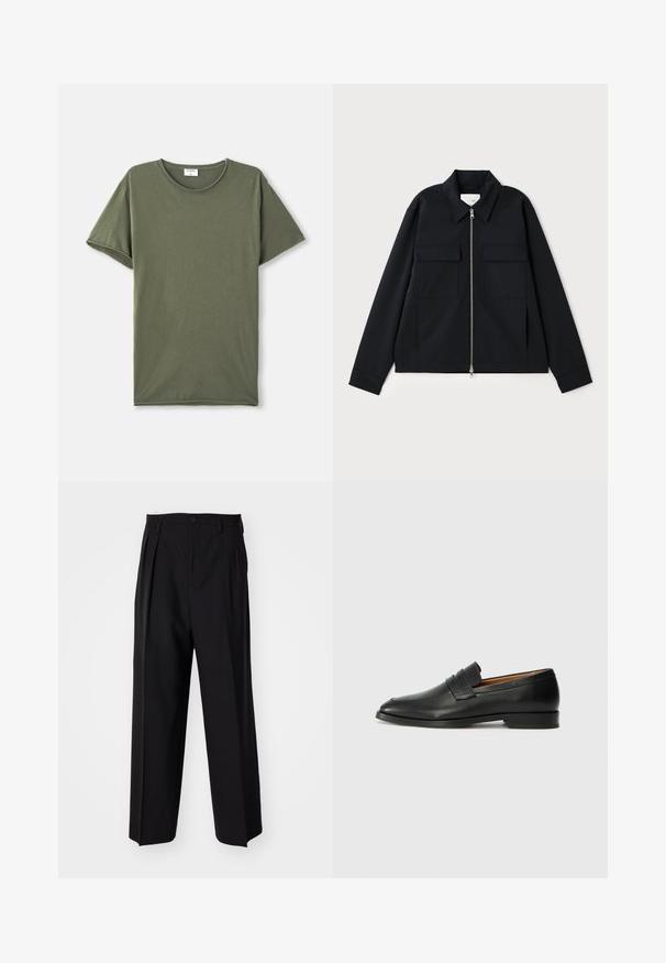 Musta takki, jossa on kauluskotelo, etuvetoketju ja kaksi rintataskua. Valmistettu sileästä kankaasta, jossa on muotonsa pitävä istuvuus.; Litteellinen oliivinvihreä lyhythihainen pyöreäkauluksinen T-paita, joka on asetettu tasaisesti valkoiselle taustalle.; Mustat laskostetut housut, joissa on suora, leveä lahje. Valmistettu sileästä kankaasta, jossa on nappisuljenta ja vyölenkit.; Musta nahkainen loafer, jossa on pyöreä kärki, hienovarainen ommelkoristelu ja matala korko, joka on varustettu sileällä pinnalla ja minimalistisella designilla.