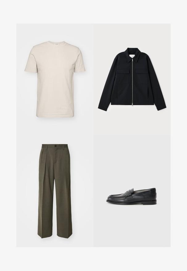 Svart jacka med krage, framfickor med dragkedja och två bröstfickor. Tillverkad av ett slitstarkt tyg med en väl avpassad passform.; Kortärmad t-shirt med rund hals i ljusbeige bomull. Har en jämn textur, normal passform och en enkel design utan mönster eller utsmyckningar.; Filippa K WIDE TROUSERS - Tygbyxor - driftwood; Svarta läderskor i loafermodell med en slät ytfinish, rund tå, dekorativ rem och minimalistisk design. Har en lågt blockklack.