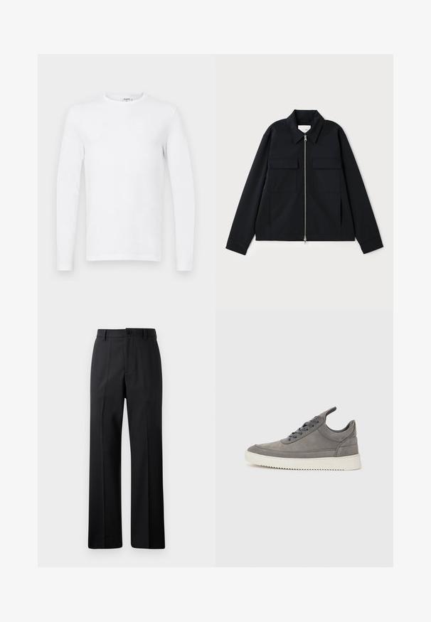 Svart jakke med krage, glidelås foran og to brystlommer. Laget av et glatt stoff med en strukturert passform.; Langermet, ensfarget hvit genser med rund hals, vist på en flat, lys grå bakgrunn.; Svarte rette bukser med beltestropper, frontknapp og glidelås, vist mot en enkel hvit bakgrunn.; Grå semsket joggesko med teksturert overflate, som har en hvit gummisåle, runde snorer og et lavt design.