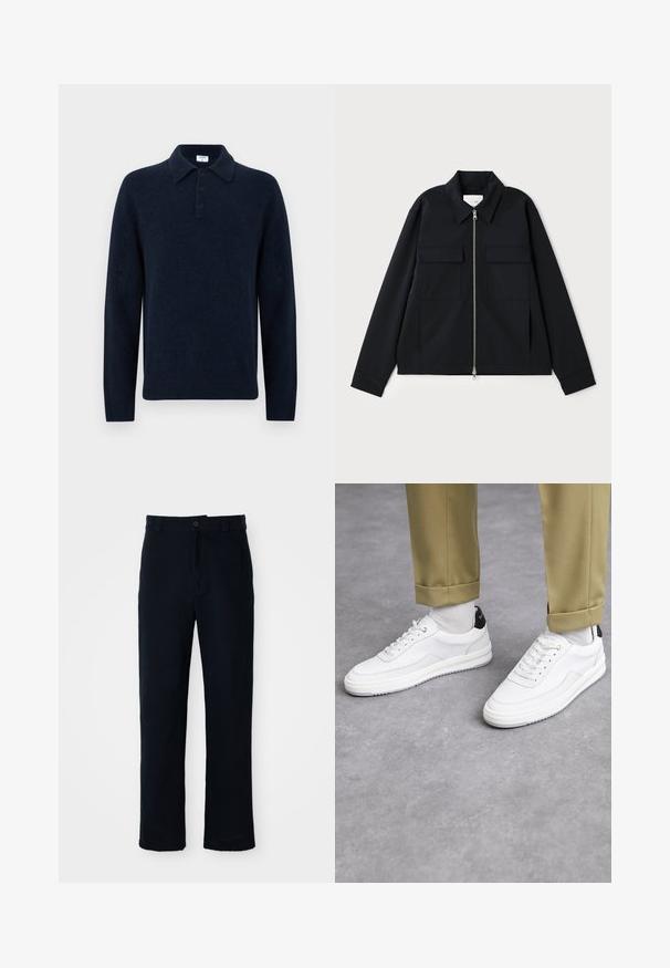 Svart jacka med krage, framfickor med dragkedja och två bröstfickor. Tillverkad av ett slitstarkt tyg med en väl avpassad passform.; Mörkblå långärmad stickad polotröja med tre knappar och vikkrage, visad mot en vit bakgrund.; Mörkblå bomullsbyxor med rak bendesign, frontknappstängning och klassisk midja med bälteshällor.; Vita sneakers med en texturerad läderfinish, rund tå och svart häldetalj. Gummisul med litet mönster och sydd detalj.