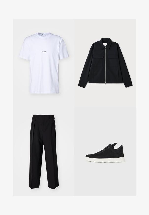 Zwarte jas met een kraag, een rits aan de voorkant en twee borstzakken. Gemaakt van een gladde stof met een gestructureerde pasvorm.; Witte katoenen T-shirt met een ronde halslijn, korte mouwen en een klein zwart 'MSGM'-logo op de voorkant. Glad van structuur.; Zwarte geplooide broeken met een rechte, brede pijpontwerp. Gemaakt van soepele stof, met een knoopsluiting en riemlussen.; Zwarte suède sneakers met een witte rubberen zool, voorzien van tonale stiksels en een vetersluiting. Glad oppervlak met een moderne, gestroomlijnde vorm.