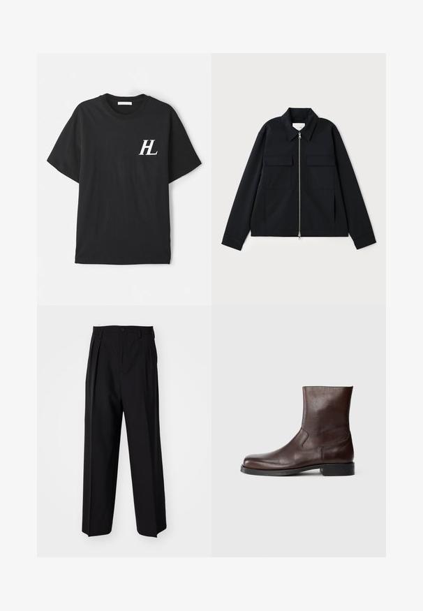 Černá bunda s límečkem, předním zipem a dvěma náprsními kapsami. Vyrobena z hladkého materiálu se strukturovaným střihem.; Černé bavlněné tričko s krátkými rukávy, s bílým logem "HL" na levé hrudi. Běžný střih, hladká textura a klasický kulatý výstřih.; Černé skládací kalhoty s rovnými, širokými nohavicemi. Vyrobené z hladké tkaniny, se zapínáním na knoflík a poutky na opasek.; Hnědé kožené kotníkové boty s hladkým povrchem, zaoblenou špičkou, minimálním prošíváním a plochou černou gumovou podrážkou.