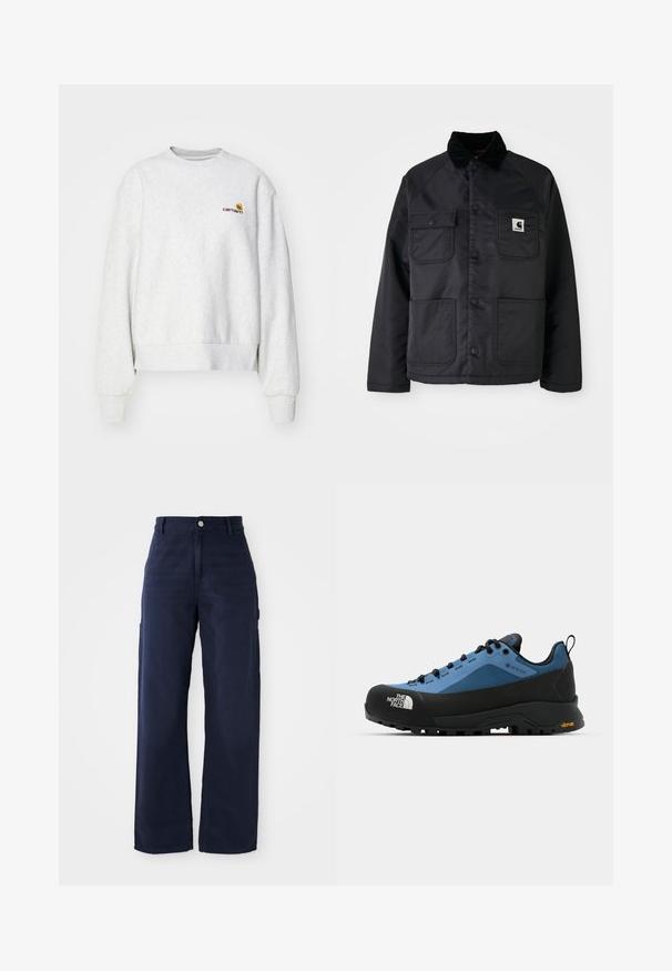 Sort quiltet jakke med en corduroy-krave, der har to frontlommer, trykknapper og en hvid logo-patch på venstre bryst.; Grå crew-neck sweatshirt i et blødt stof med ribbede manchetter og kant; har broderet logo på brystet i gul og mørkerød.; Mørkeblåvidde cargo bukser fremstillet af et robust bomuldsstof, der har sidelommer og en knaplukning i taljen.; Blå og sorte vandrestøvler med en vandtæt design, tekstureret stof og gummisål fra Vibram for forbedret greb og holdbarhed.