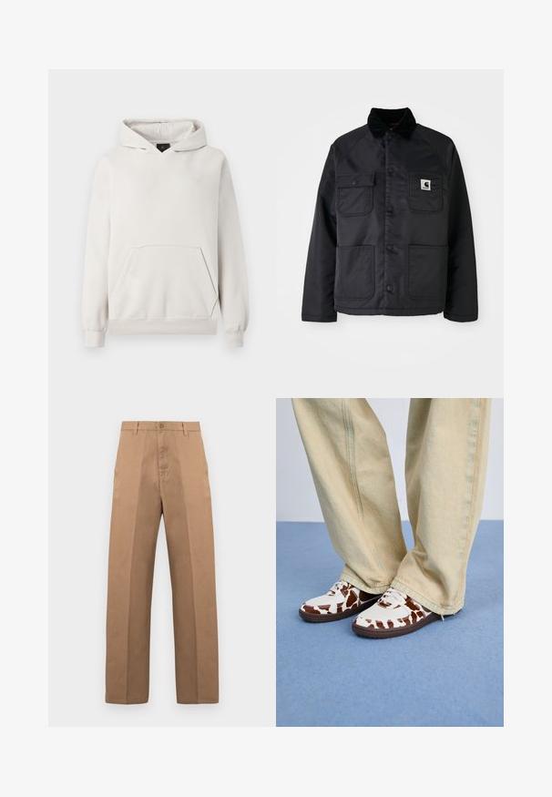 Melnā dūnu jaka ar korduroja apkakli, divām priekšējām kabatām, snap pogām un baltu logotipa plāksteri uz kreisā krūts.; Gaišs pelēks kapuco džemperis, izgatavots no mīksta auduma. Ar kangarū kabatu, ribotiem piedurknēm un mazu baltu logotipu uz krūšu.; Brūnas kokvilnas bikses ar taisnu kāju dizainu, ar pogas aizdari, jostas cilpām un minimālām šuvēm tīram izskatam.; Baltie un brūnie zīmējumu kedu pāris ar acs un ādas materiālu, aprīkoti ar brūniem gumijas zoliem. Saskaņotas ar gaismas bēšām platu kāju biksēm.