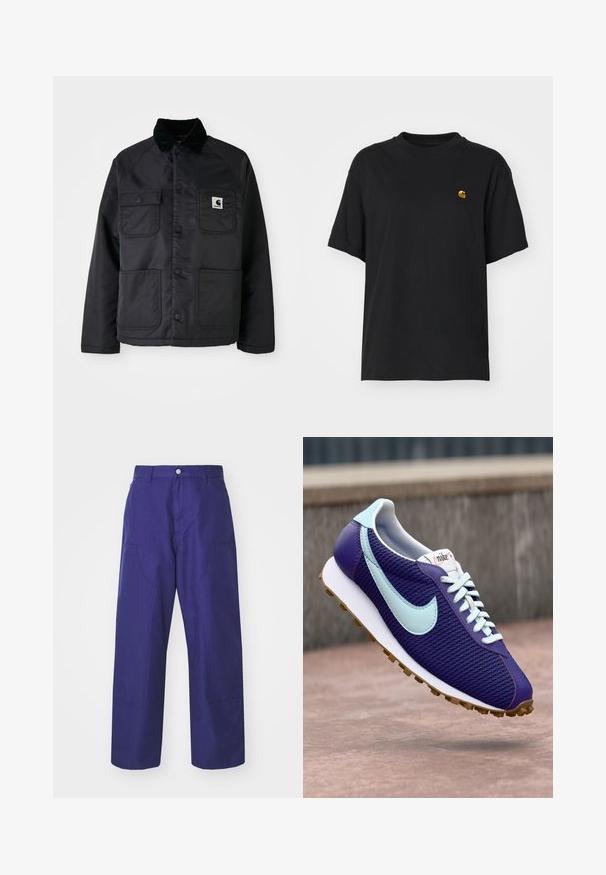 Schwarze gesteppte Jacke mit einem Cordkragen, ausgestattet mit zwei Fronttaschen, Druckknöpfen und einem weißen Logo-Patch auf der linken Brust.; Schwarzes Baumwoll-T-Shirt mit lockerer Passform. Hat einen Rundhalsausschnitt und kurze Ärmel. Enthält ein kleines, goldfarben gesticktes Logo auf der Brust.; Carhartt WIP BRANDON DOUBLE KNEE PANT - Cargohose - aura rinsed; Lila Nike Sneaker mit hellblauem Swoosh, weißen Schnürsenkeln und Gummi-Sohle, der über einer Betonoberfläche im Freien schwebt.