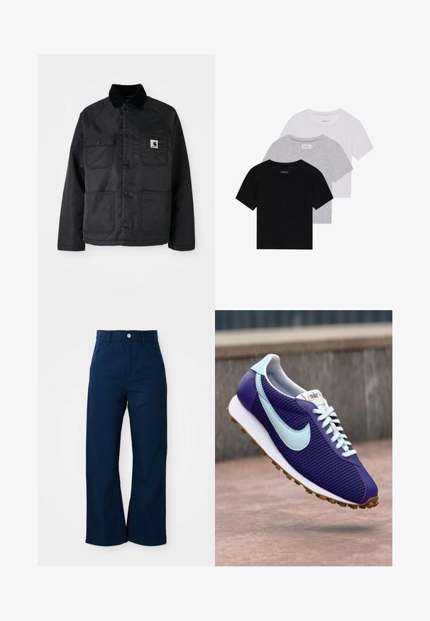 Černá prošívaná bunda s kordovým límcem, obsahující dvě přední kapsy, patentky a bílou logo nášivku na levé části hrudi.; Sada tří triček s krátkým rukávem v černé, šedé a bílé barvě. Vyrobena z bavlny, s kulatým výstřihem a jednoduchým jednobarevným designem.; Námořnické modré kalhoty širokého střihu vyrobené z odolné tkaniny, s předním zapínáním na knoflík a čtyřmi kapsami s hladkou texturou.; Fialová Nike teniska s světle modrým swoosh, bílými tkaničkami a gumovou podrážkou, zobrazená jak levituje nad betonovým povrchem venku.
