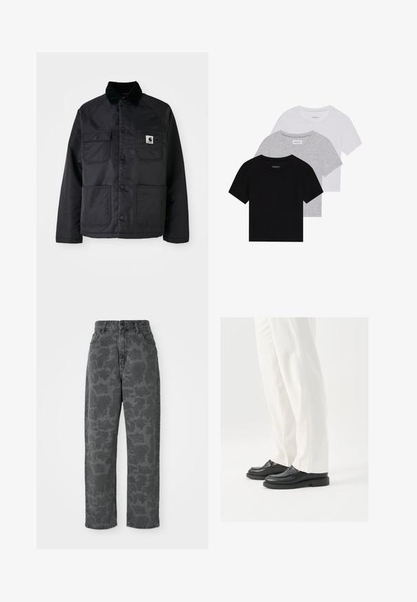 Čierna prešívaná bunda s kordovou golierom, obsahujúca dve predné vrecká, patentky a bielu nášivku s logom na ľavej hrudi.; Sada troch tričiek s krátkym rukávom v čiernej, šedej a bielej farbe. Vyrobené z bavlny, s okrúhlym výstrihom a jednoduchým, jednofarebným dizajnom.; Sivé denimové džínsy s kvetinovým vzorom, vysokým pásom, rovný strih a klasický dizajn s piatimi vreckami. Odolná látka s jemnou textúrou.; Čierne kožené mokasíny s hladkou textúrou, šitím a zaoblenou špičkou, spárované s bielymi elegantnými nohavicami.