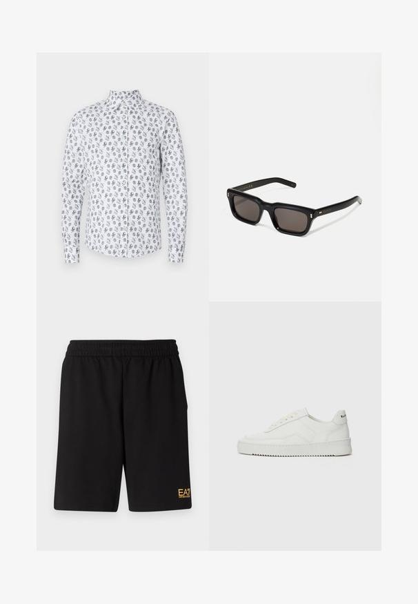 Giacca a vento nera con finitura lucida, cappuccio, chiusura con zip e polsini a coste. Include due tasche laterali e una patch con logo sulla manica.; Camicia bianca con colletto a bottoni, caratterizzata da un motivo ripetitivo di polpi e cerchi in nero e grigio. Maniche lunghe, tessuto misto cotone.; Pantaloni sportivi neri realizzati in tessuto morbido, con vita elastica e un piccolo logo EA7 giallo sulla parte bassa della gamba sinistra.; Sneaker in pelle bianca con una finitura liscia, punta rotonda, lacci piatti e suola testurizzata. Presenta un logo discreto sul tallone.; Occhiali da sole neri rettangolari con lenti scure, montatura spessa in plastica, dettagli dorati sulle tempie e logo del marchio inciso sull'asta.