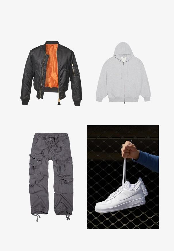 Črn bomberjakna z bleščečo zunanjostjo, oranžno podlogo, rebrastimi manšetami in žepom na zadrgo na levem rokavu. Zlati dodatki na zadrgi.; YOURTURN OVERSIZE BASIC ZIP HOODIE UNISEX - Športna jopa s kapuco na zadrgo - mottled-grey; Sive cargo hlače z več žepi, elastičnim pasom, zapiranjem na gumb, ožjimi manšetami in teksturiranim zaključkom tkanine.; Bela usnjena športna obutev s perforacijami, okroglo konico, ravnim podplatom in debelimi vezalkami, z vidnim logotipom smoosh in napisom "AIR" na peti.