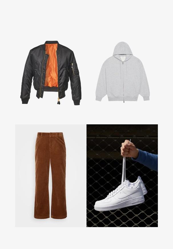 Svart bomberjacka med en glänsande yta, orange foder, stickade manschetter och en dragkedjeficka på vänster ärm. Guldiga dragkedjedetaljer.; YOURTURN OVERSIZE BASIC ZIP HOODIE UNISEX - Tröja med dragkedja - mottled-grey; Bruna kordbyxor med vida ben, med vertikal ribbad textur, knappstängning och standard bältesöglor.; Vita lädersneakers med perforeringar, rund tå, platt sula och tjocka snörning, med en synlig swoosh-logga och "AIR" på hälen.