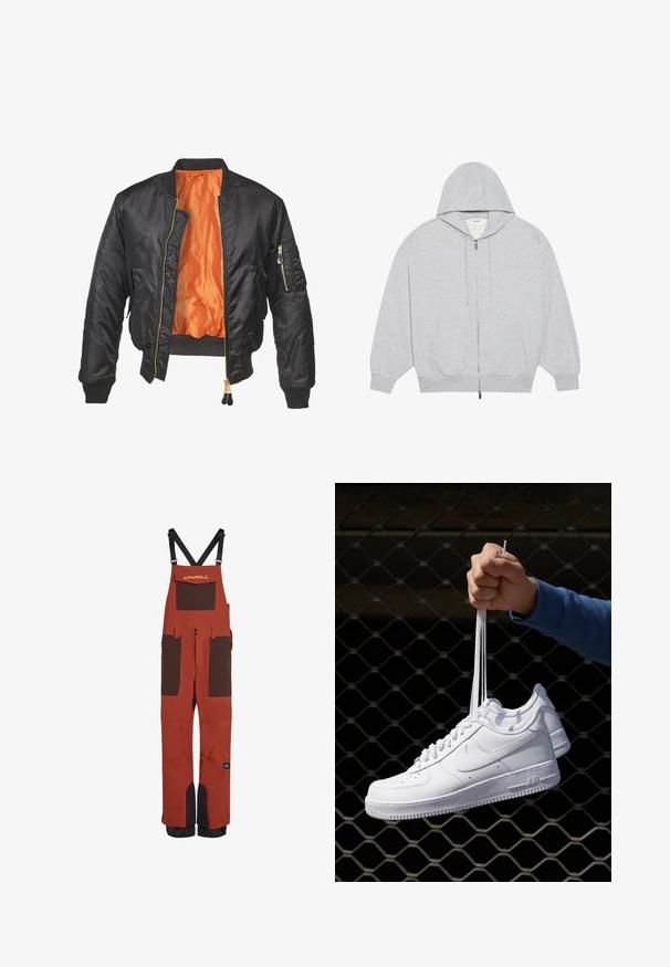 Czarna kurtka bomberka z błyszczącą powierzchnią, pomarańczową podszewką, ściągaczami przy mankietach oraz zamykaną na zamek kieszenią na lewym rękawie. Złote akcenty na zamku błyskawicznym.; YOURTURN UNISEX szary melanż; Czerwone wodoodporne ogrodniczki z brązowymi akcentami, regulowanymi ramiączkami, wieloma kieszeniami oraz wzmocnionymi mankietami dla większej trwałości.; Białe skórzane sneakersy z perforacjami, okrągłym noskiem, płaską podeszwą i grubymi sznurówkami, z widocznym logo swoosh i napisem „AIR” na pięcie.