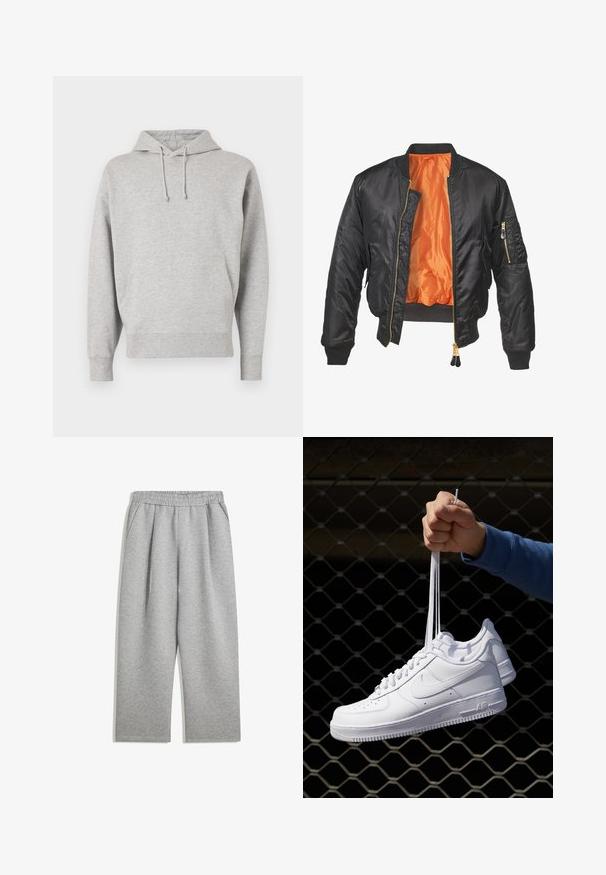 Črn bomberjakna z bleščečo zunanjostjo, oranžno podlogo, rebrastimi manšetami in žepom na zadrgo na levem rokavu. Zlati dodatki na zadrgi.; Siva kapuca majica iz mehkega blaga ima kenguru žep, zategovanje s vrvico ter rebraste manšete in spodnji del. Enostaven dizajn.; Svetlo sivi trenirke z elastičnim pasom in stranskimi žepi, ravnega kroja, narejene iz mehke tkanine.; Bela usnjena športna obutev s perforacijami, okroglo konico, ravnim podplatom in debelimi vezalkami, z vidnim logotipom smoosh in napisom "AIR" na peti.