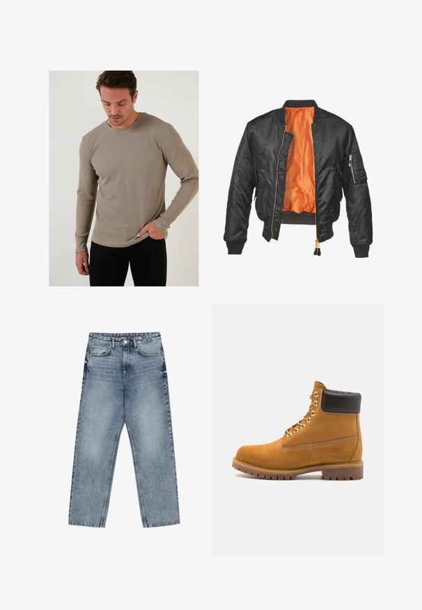 Jachetă bomber neagră cu un exterior lucios, căptușeală portocalie, manșete ribelate și un buzunar cu fermoar pe mâneca stângă. Accente aurii la fermoar.; Cămașă termică bej cu mânecă lungă, cu un model texturat în dungi, decolteu rotund și mâneci ajustate, asortată cu pantaloni negri.; Jeans din denim de culoare albastru deschis, cu croială dreaptă, cusături vizibile, design cu cinci buzunare și închidere cu nasture la talie.; Cizmă de gleznă din întoarsă de culoare bej, cu guler negru căptușit, ochiuri din metal auriu, detalii de cusătură albă și talpă din cauciuc robustă, cu un model pronunțat.