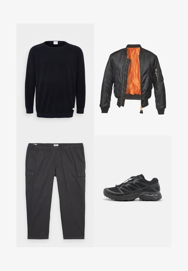 Jachetă bomber neagră cu un exterior lucios, căptușeală portocalie, manșete ribelate și un buzunar cu fermoar pe mâneca stângă. Accente aurii la fermoar.; Pulover tricotat negru cu guler rotund și mâneci lungi raglan. Dispune de manșete și tiv ribelate, țesătură texturată și un eticheta mică la tiv.; Pantaloni cargo negri cu talie elastică, buzunare laterale și accente cu capse. Realizați dintr-un material ușor și neted.; Pantofii de alergare negri cu partea superioară din plasă și materiale sintetice, talpă flexibilă și șireturi elastice. Au un intermediar căptușit pentru confort.