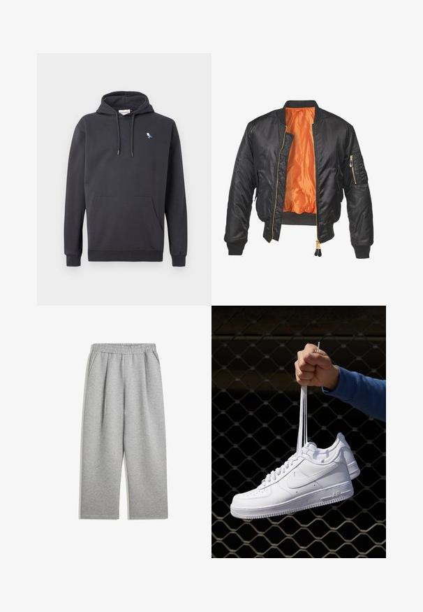 Zwarte bomberjack met een glanzende buitenkant, oranje voering, geribde manchetten en een ritszak op de linker mouw. Gouden ritsaccenten.; Donkergrijze hoodie met een buidelzak en een klein wit en blauw vogel-logo op de linkerborst.; Lichtgrijze sweats met elastische tailleband en zijzakken, rechte pijp, gemaakt van zacht materiaal.; Witte leren sneakers met perforaties, ronde neus, vlakke zool en dikke veters, met een zichtbare swoosh-logo en "AIR" op de hiel.
