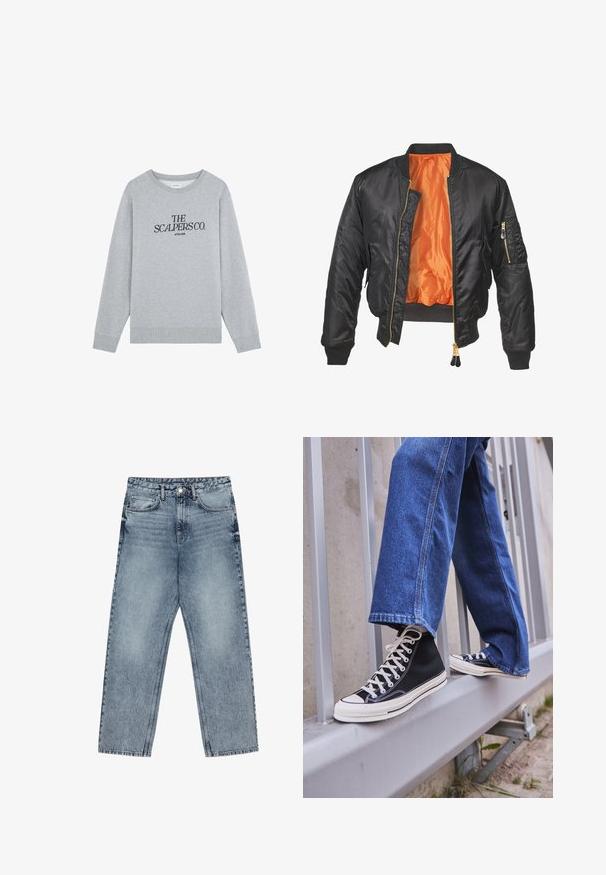 Zwarte bomberjack met een glanzende buitenkant, oranje voering, geribde manchetten en een ritszak op de linker mouw. Gouden ritsaccenten.; Grijze sweatshirt van katoen met een ronde halslijn, lange mouwen en ribgebreide manchetten. Voorzien van zwarte tekst: "THE SCALPERS CO. ATELIER."; Lichtblauwe denim jeans met een rechte pijp, zichtbare stiksels, vijf zakken en een knoopsluiting in de taille.; Zwarte hoge sneakers met witte zool en veters, gecombineerd met losse blauwe denim jeans, rustend op een grijze leuning.