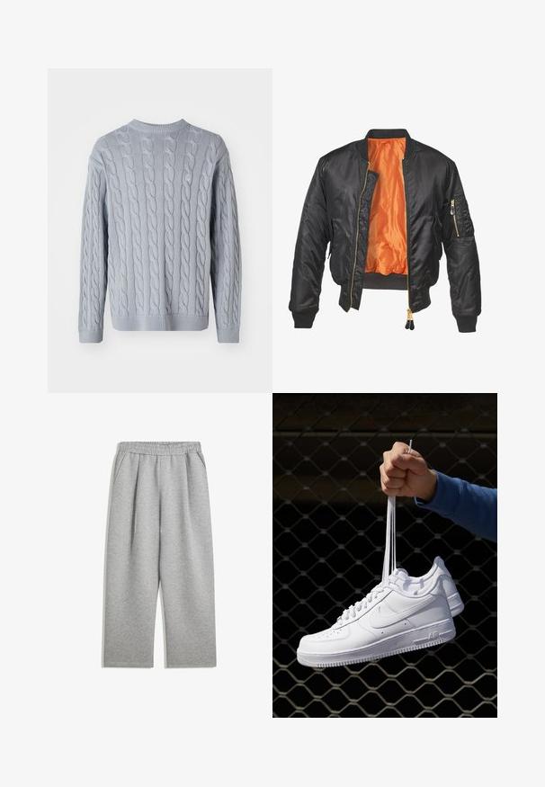 Mustapomberitakki, jossa on kiiltävä pinta, oranssi vuori, ribatut hihansuut ja vetoketjullinen tasku vasemmassa hihassa. Kultaiset vetoketjuakcentit.; Vaaleansininen neulepusero, jossa on palmikkoneulekuvio, pitkät hihat ja pyöreä kaula-aukko. Ribbetyt hihansuut ja helma lisäävät tekstuuria ja rakennetta.; Helle grå joggebukser med elastisk midje og sidelommer, rett benkutt, laget av myk stoff.; Valkoiset nahkasneakersit, joissa on rei'ityksiä, pyöreä kärki, tasapohja ja paksut nauhat, joissa on näkyvä swoosh-logo ja "AIR" kantapäässä.