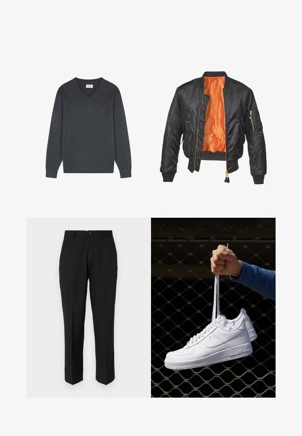 Schwarze Bomberjacke mit glänzender Oberfläche, orangefarbenem Innenfutter, gerippten Bündchen und einer Reißverschlusstasche am linken Ärmel. Goldene Reißverschlussakzente.; Scalpers V NECK - Strickpullover - greyish blue; Schwarze Hosen aus glattem Stoff mit geradem Bein, Fronttaschen, einem einzigen Knopfverschluss und ohne sichtbare Muster.; Weiße Leder-Sneaker mit Perforationen, runder Zehenpartie, flacher Sohle und dicken Schnürsenkeln, mit sichtbar eingesticktem Swoosh-Logo und "AIR" an der Ferse.