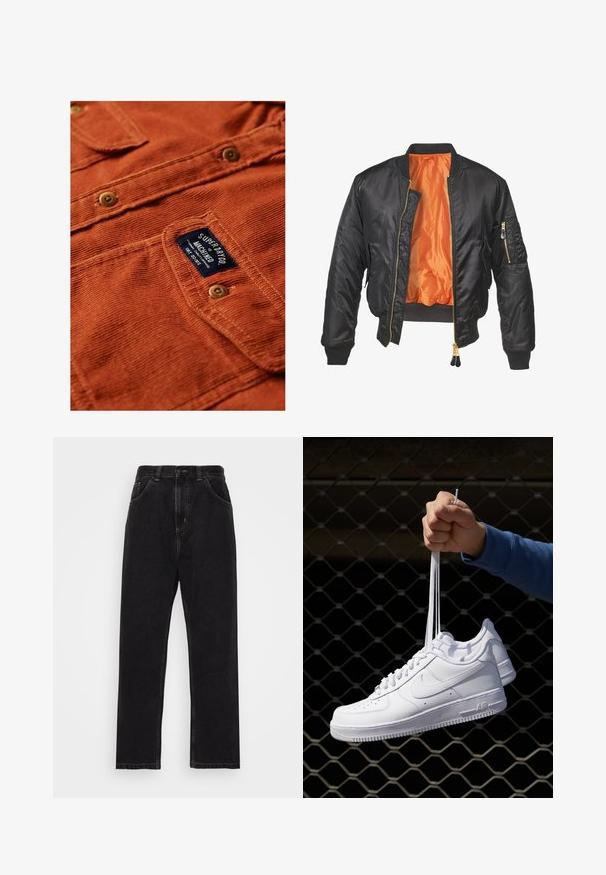 Zwarte bomberjack met een glanzende buitenkant, oranje voering, geribde manchetten en een ritszak op de linker mouw. Gouden ritsaccenten.; Superdry & Co TRAILS - Overhemd - clay orange; Zwarte denim jeans met een recht model, voorzien van vijf zakken, een knoop-en-ritsluiting en contrasterende gele stiksels.; Witte leren sneakers met perforaties, ronde neus, vlakke zool en dikke veters, met een zichtbare swoosh-logo en "AIR" op de hiel.