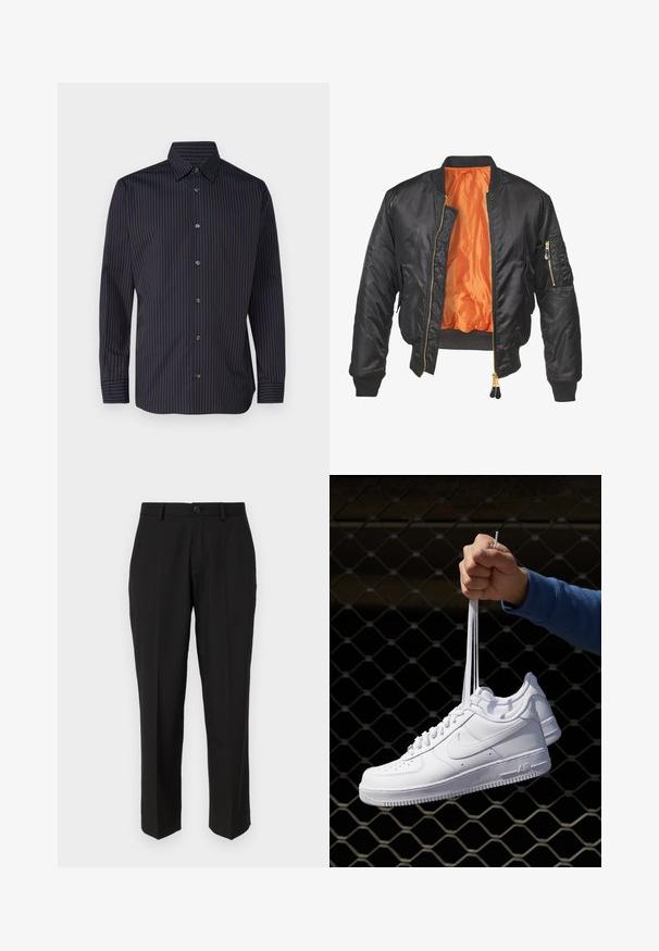 Melnā bumbvedēja jaka ar spīguļu virsmu, oranžu oderi, ribotām piedurknēm un ar rāvējslēdzēju kabatu uz kreisās piedurknes. Zelta rāvējslēdzēja akcenti.; Jūras zils krekls ar vertikālām brūnām svītrām, garām piedurknēm, pogām ar atloku un sešām pogām priekšpusē, ar gludu auduma tekstūru.; Melnas bikses, kas izgatavotas no gludas auduma, ar taisnu kāju dizainu, priekšējām kabatām, vienas pogas aizdari un bez redzamām rakstām.; Baltas ādas sporta apavi ar perforācijām, apaļu purngali, plakanu zoli un biezām šņorēm, ar redzamu swoosh logo un vārdu "AIR" uz papēža.