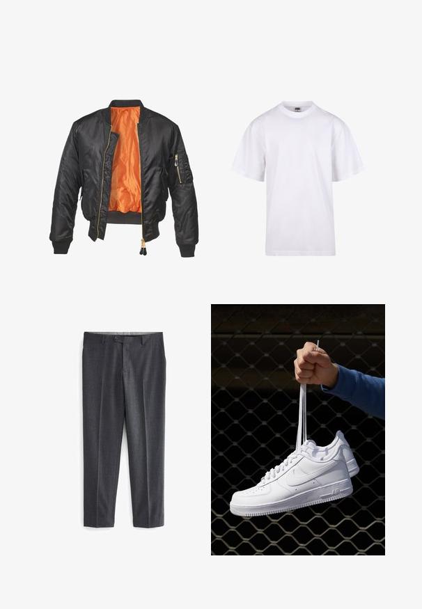Black bomber jacket with a shiny exterior, orange lining, ribbed cuffs, and a zippered pocket on the left sleeve. Gold zipper accents.; White cotton t-shirt with a crew neckline, short sleeves, and a relaxed fit. Features plain design without patterns or accents.; Gray tailored pants featuring a textured pattern, two front pockets, belt loops, and a single button closure at the waist.; White leather sneakers with perforations, round toe, flat sole, and thick laces, featuring a visible swoosh logo and "AIR" on the heel.